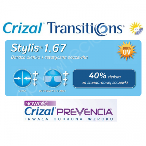Cienkie i płaskie fotochromy z filtrem Blue - As Stylis 1,67 Transitions Gen8 Crizal Prevencia
